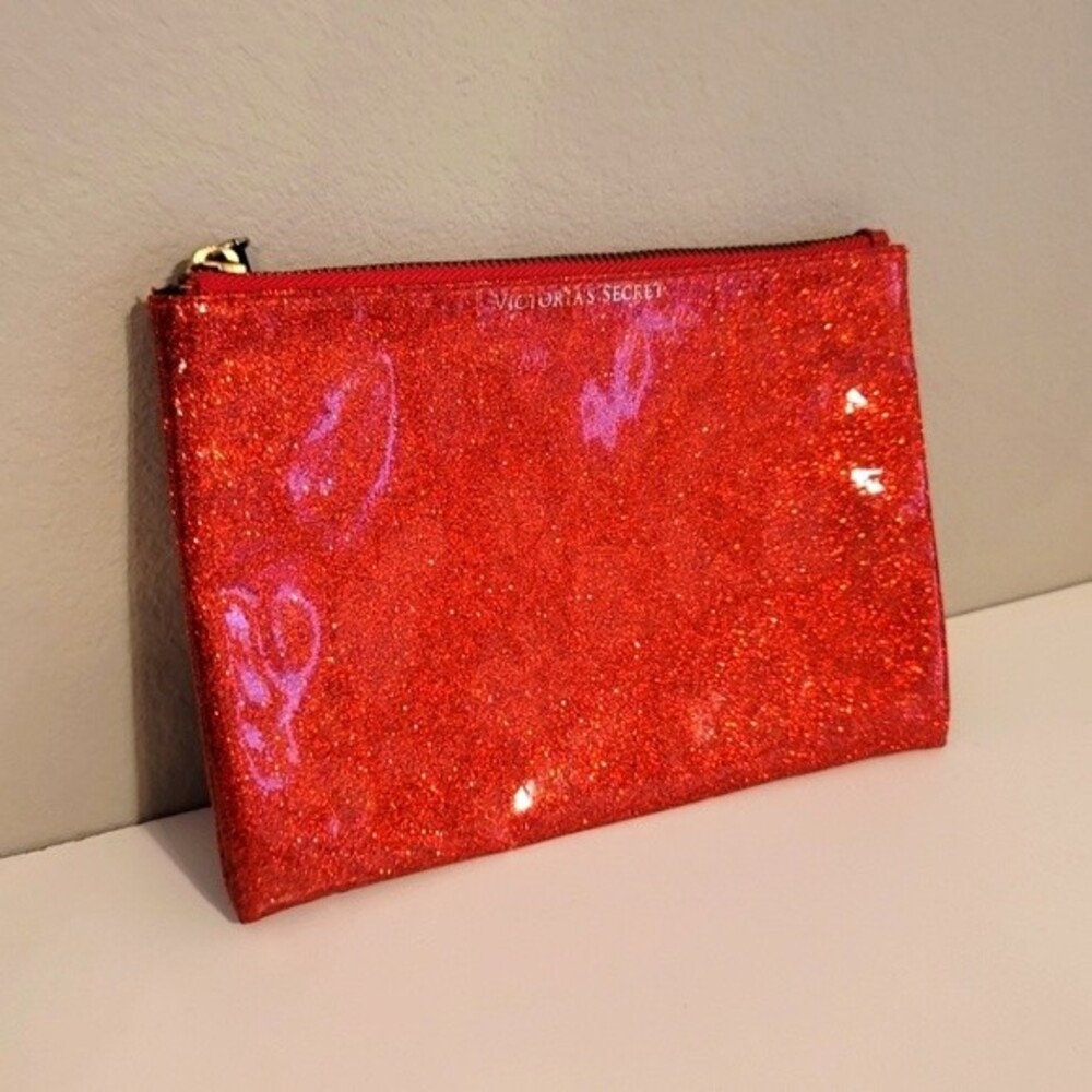 5/$25 Victoria’s Secret Firecracker Red Glitter Zip Cosmetic Pouch Bag